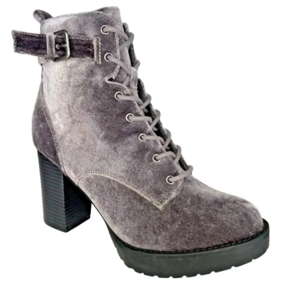 Madden Girl Jitter Grey Velvet Lace Up Platform Boots Chunky Block Heel Size 7.5
